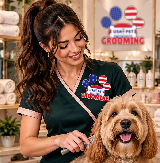 Stylist in an emerald uniform brushing a golden doodle